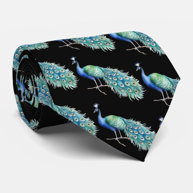 Cravate Peacock on Black Background Neck Tie (Roulé)