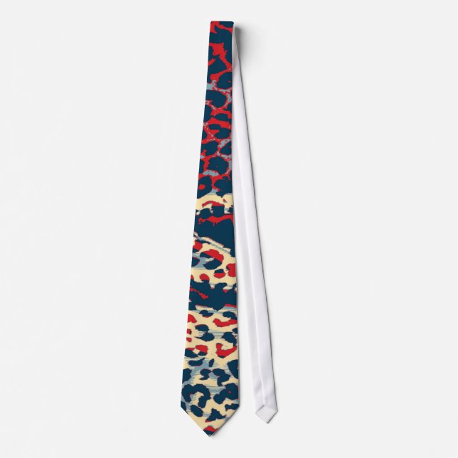 Cravate Peau à motif léopard rétro (bleu et rouge) (Devant)
