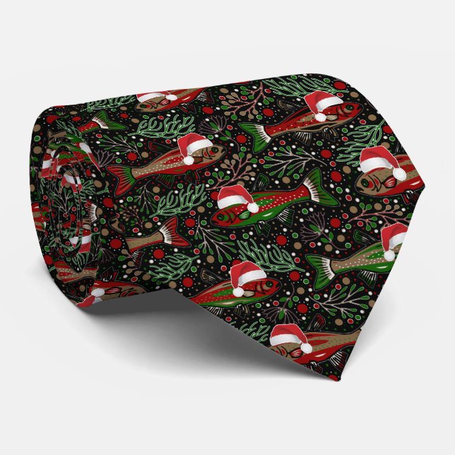Cravate Pêche Vous un Joyeux Noël Truite Rouge Vert (Roulé)