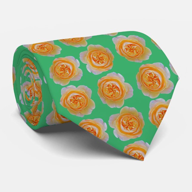 Cravate Pêcher Orange Rose Élégant Répéter Motif Vert (Roulé)