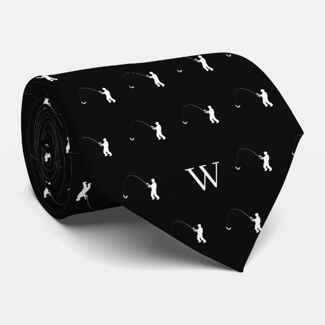 Cravate Pêcheur Attirail Appât Monogramme Initial Noir Bla (Roulé)