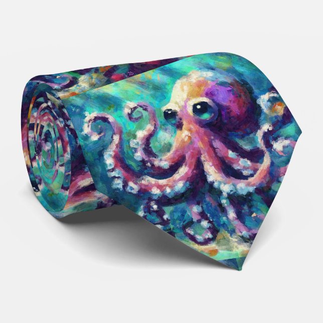 Cravate Peinture à l'huile de pieuvre lunaire Plage nautiq (Roulé)