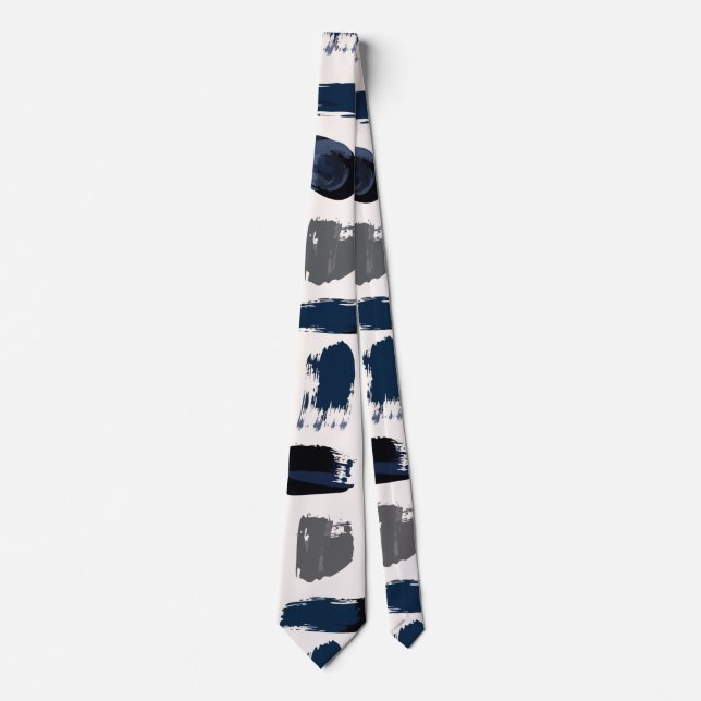 Cravate Peinture Abstraite Moderne Pinceaux Navy et Gr (Devant)