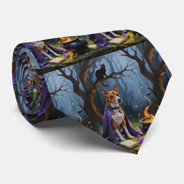 Cravate Peinture de Halloween fantaisiste de chien Basenji (Roulé)