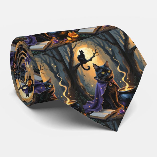 Cravate Peinture fantaisiste de chat noir pour Halloween (Roulé)