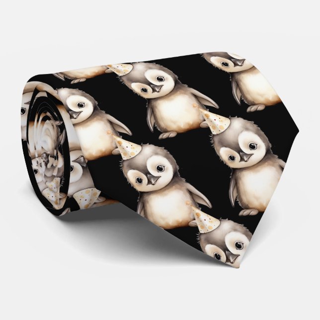 Cravate Penguin in Birthday Hat Neck Tie (Roulé)