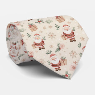 Cravate Père Noël à l'aquarelle rose avec flocons de neige