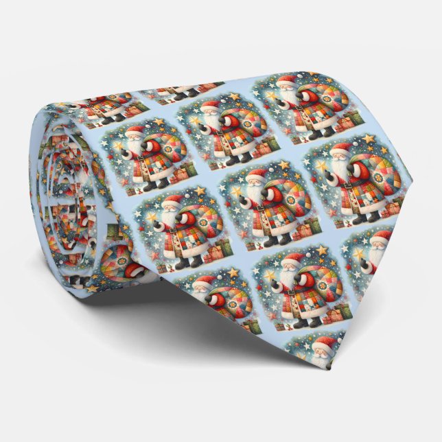 Cravate Père Noël patchwork matelassé avec étoiles de Noël (Roulé)