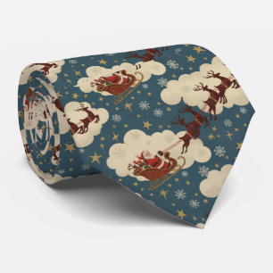 Cravate Père Noël Vintage Renne Volant Ciel enneigé Noël
