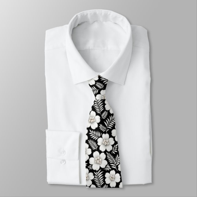Cravate Perles blanches dans des fleurs sur fond noir (Attaché)