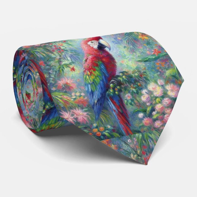 Cravate Perroquet Oiseau Jungle Floral Impressionnisme pei (Roulé)
