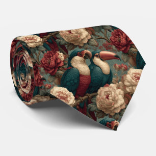 Cravate Perroquets exotiques vintage sauge et rose