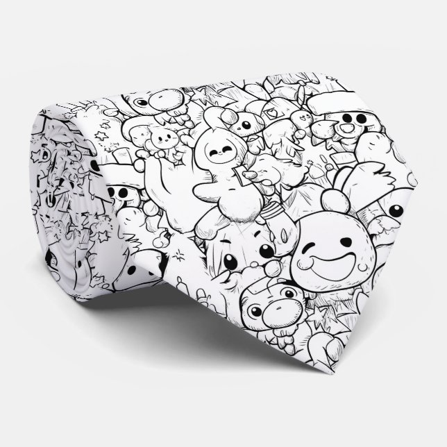 Cravate Personnages mignons Kawaii Doodle (1) (Roulé)