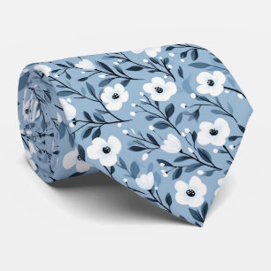 Cravate Personnaliser Bleu Blanc Gras Botanique Floral
