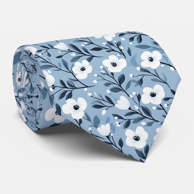 Cravate Personnaliser Bleu Blanc Gras Botanique Floral (Roulé)