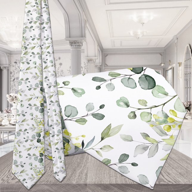 Cravate Petit motif de mariage avec verdure d'eucalyptus b (Créateur téléchargé)