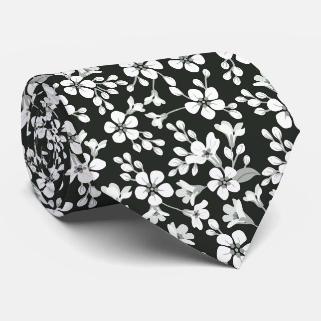 Cravate Petit motif floral mignon noir (Roulé)