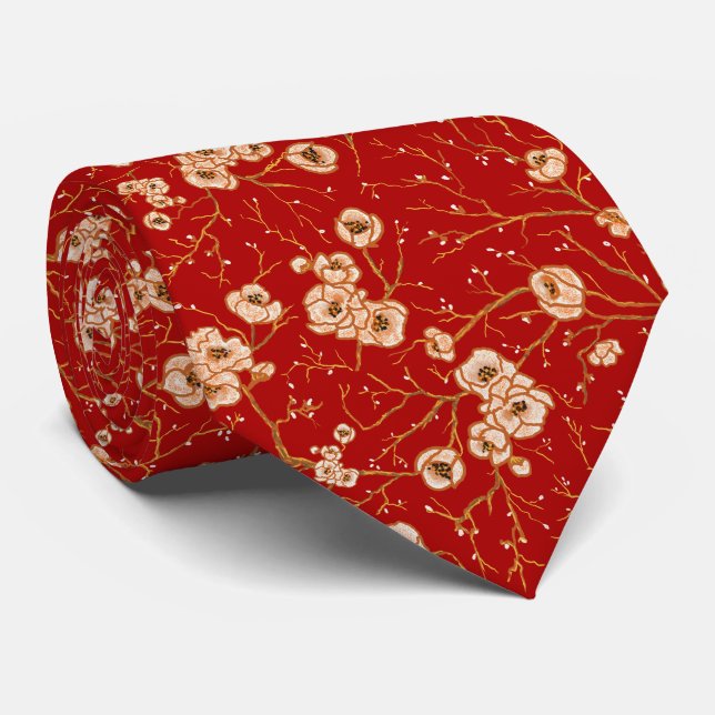 Cravate Petites fleurs sur motif rouge (Roulé)