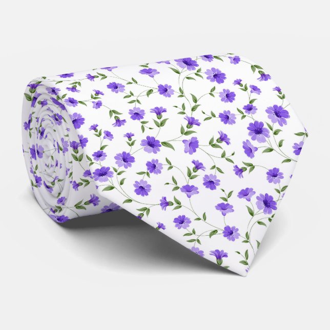 Cravate Petites fleurs violettes et feuilles sur fond blan (Roulé)