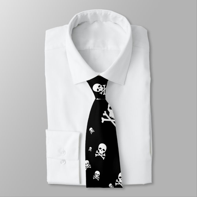 Cravate Petits crânes de pirates blancs sur fond noir (Attaché)