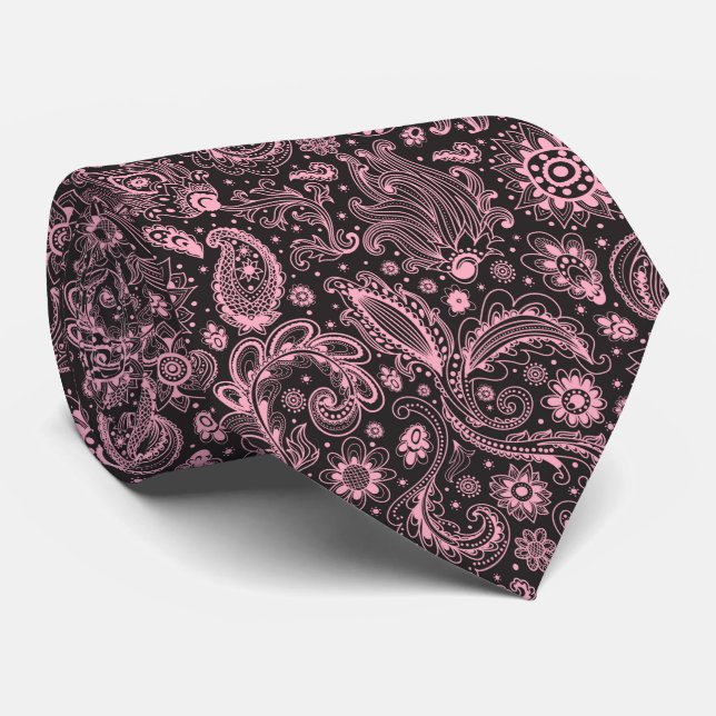 Cravate Pink black batik boho style floral paisley pattern (Roulé)