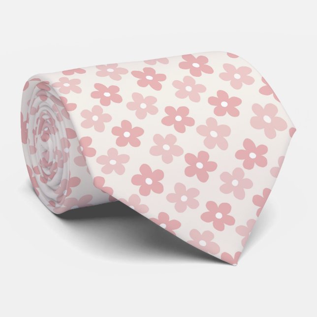 Cravate Pink Cream Daisy Flowers Retro Pattern (Roulé)