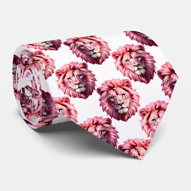 Cravate Pink Lion Head Animal Pattern Design White  (Créateur téléchargé)