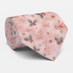 Cravate Pink Winter - Feuilles de houx et flocons de neige