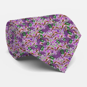 Cravate Pinsons pourpre Oiseaux et lilas sur fond blanc