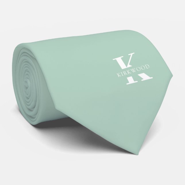 Cravate Pistache Vert Élégant Monogramme + Nom Un côté (Roulé)