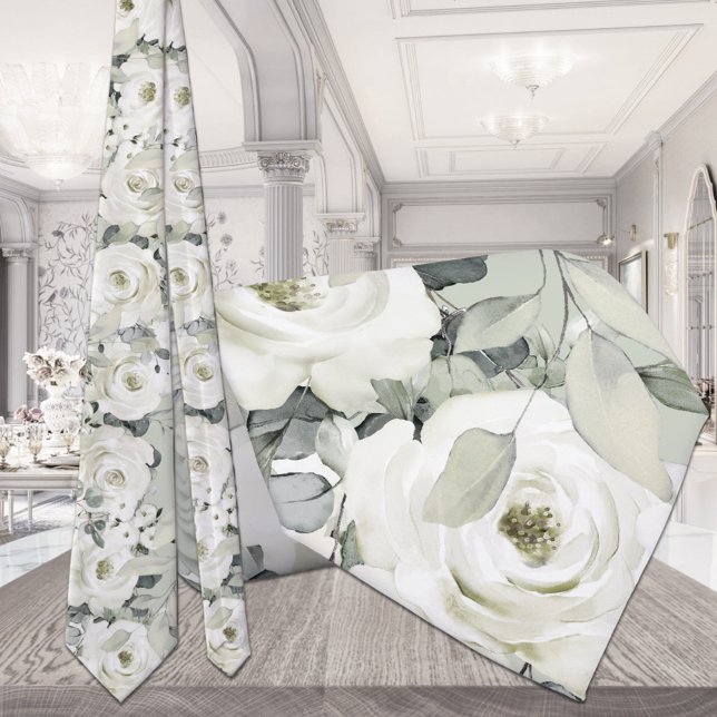 Cravate Pivoine blanche Eucalyptus argent Mariage Vert sau (Créateur téléchargé)