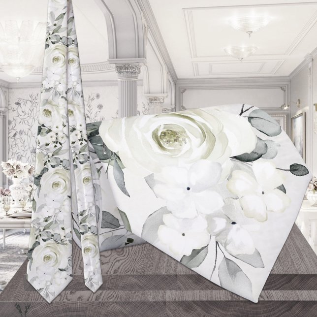 Cravate Pivoine blanche Eucalyptus Verdure Florale Mariage (Créateur téléchargé)