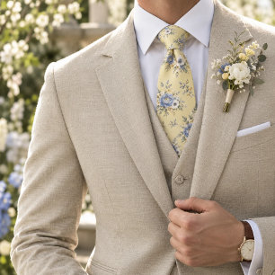 Cravate Pivoine bleue boutons jaune fleur