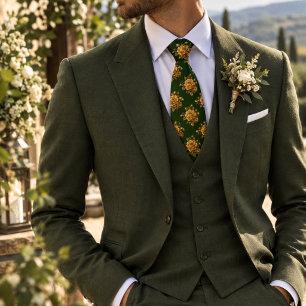 Cravate Pivoine dorée sur fond floral vert forêt profond
