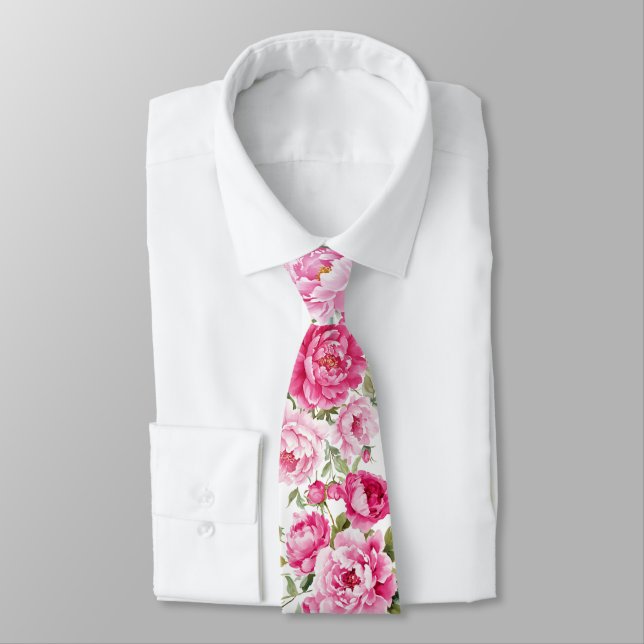 Cravate Pivoines Rose Chaud (Attaché)