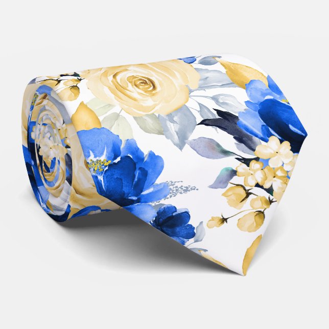 Cravate PixDezine H2 Fleurs Bleu Céleste Roses Dorées (Roulé)