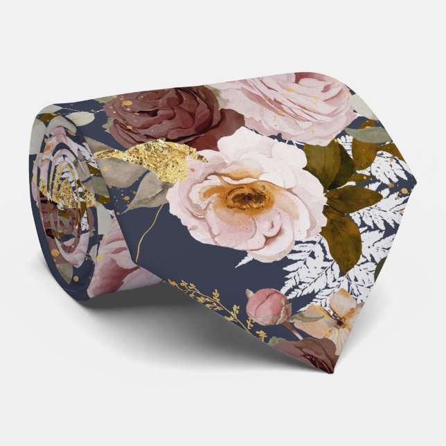 Cravate PixDezine H2 Fleurs Bourgogne Blush Marine Rose (Roulé)