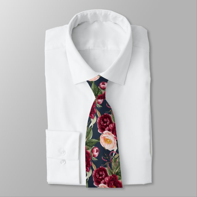Cravate PixDezine H2 Fleurs Burgundy Blush Pivoines (Attaché)