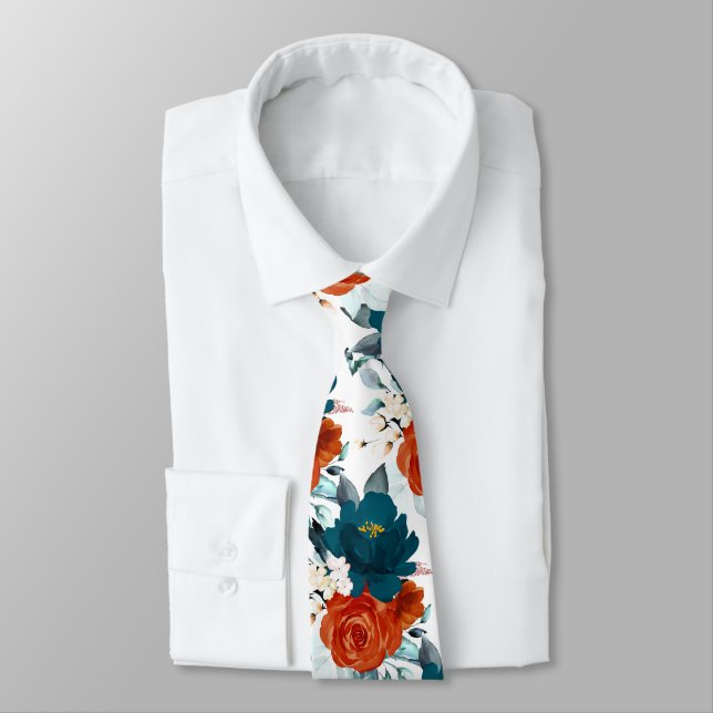 Cravate PixDezine H2 Fleurs Sarcelle et Orange Rouille (Attaché)