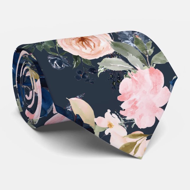 Cravate PixDezines Aquarelle Fleurs Marine Cou bleu rose (Roulé)