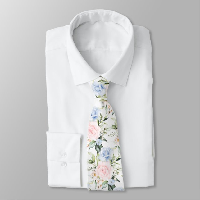 Cravate PixDezines Aquarelle Roses bleu-bleu (Attaché)