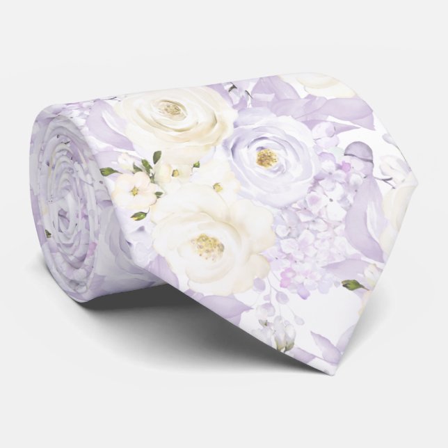 Cravate PixDezines Aquarelle Roses Lilac Purple n Crème (Roulé)