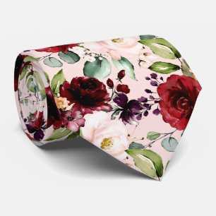 Cravate PixDezines Blush Bourgogne Fleurs Aquarelle