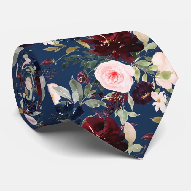 Cravate PixDezines Blush Bourgogne Navy H2 Botanique (Roulé)