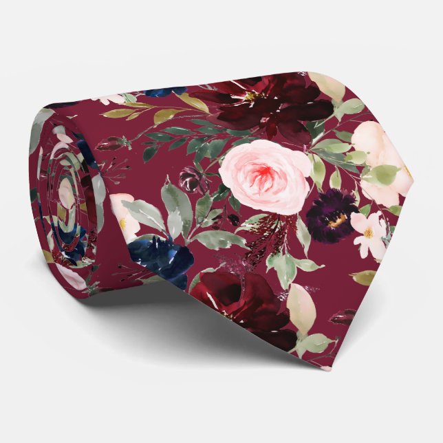 Cravate PixDezines Blush Bourgogne Navy H2 Botanique (Roulé)
