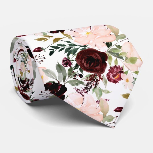 Cravate PixDezines Blush Bourgogne Navy H2 Botanique (Roulé)