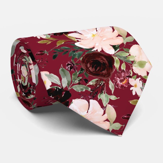 Cravate PixDezines Blush Bourgogne Navy H2 Botanique (Roulé)