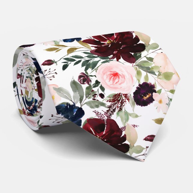 Cravate PixDezines Blush Bourgogne Navy H2 Botanique (Roulé)