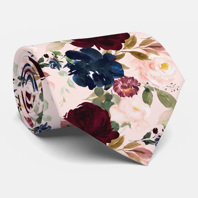 Cravate PixDezines Blush Bourgogne Navy H2 Fleurs (Roulé)
