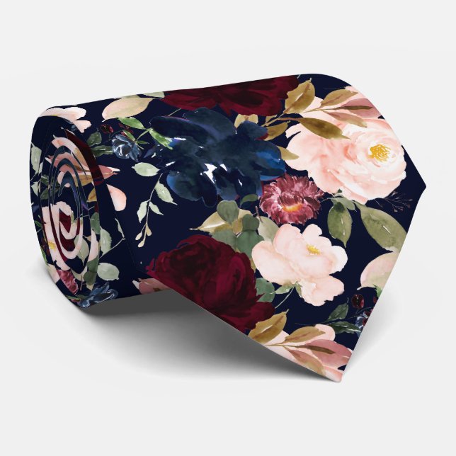 Cravate PixDezines Blush Burgundy Navy H2 Fleurs (Roulé)